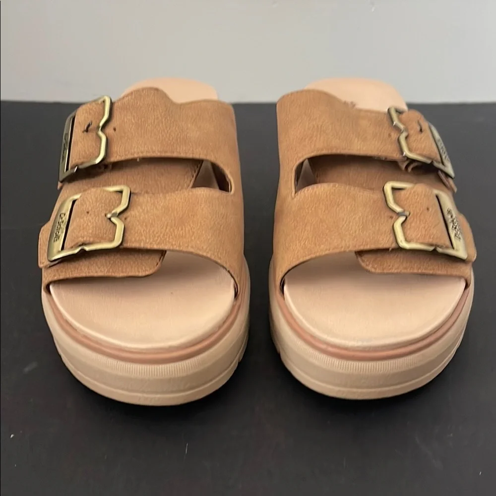 Dr. Scholl’s Tan Brown Casual Platform Slide Sandals w Buckle Straps, Size 6.5M